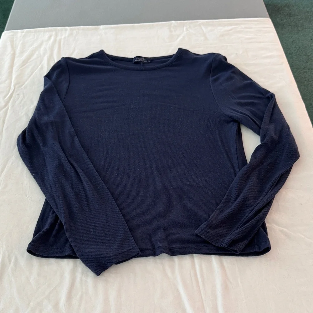 nuuds Navy Blue Long Sleeve Slinky Rib Tee - Picture 1 of 5